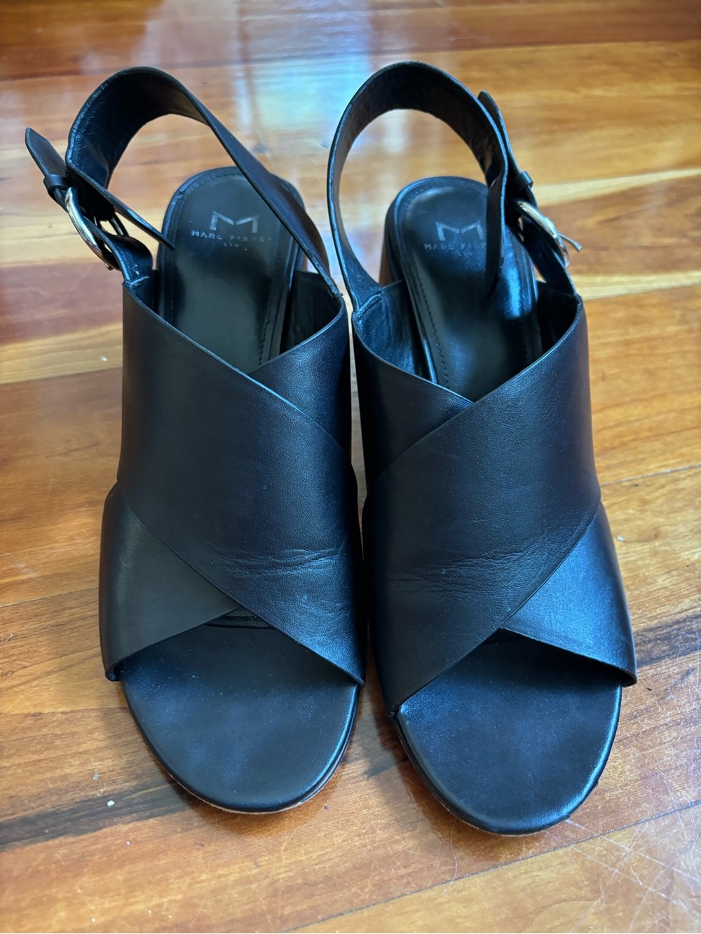 Marc Fisher Black Leather Crisscross Slingback Sandals